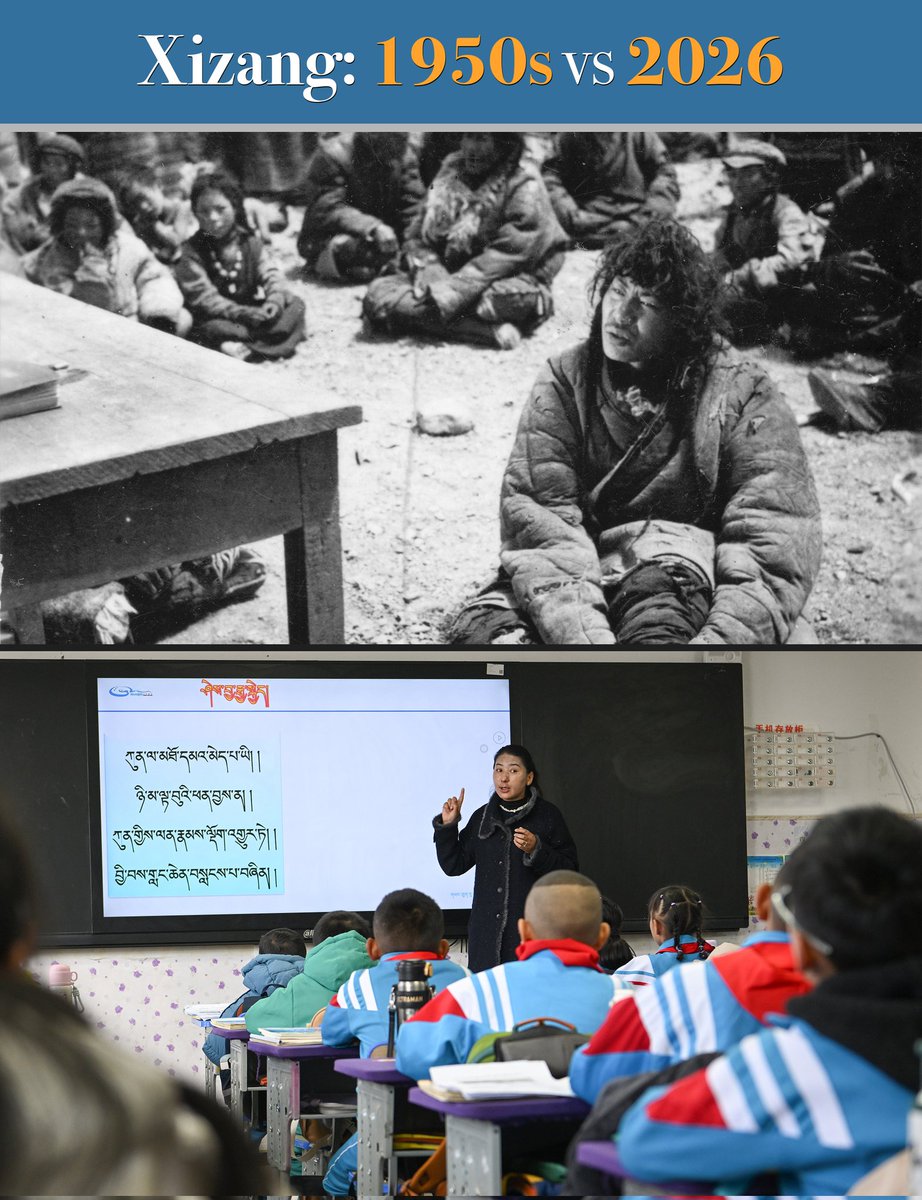 SpoxCHN_MaoNing's tweet photo. The True Portrait of Xizang: 

From children deprived of education in the 1950s to pupils receiving Tibetan‑language lessons in bright modern classrooms in 2026 https://t.co/35Di2Qye1i