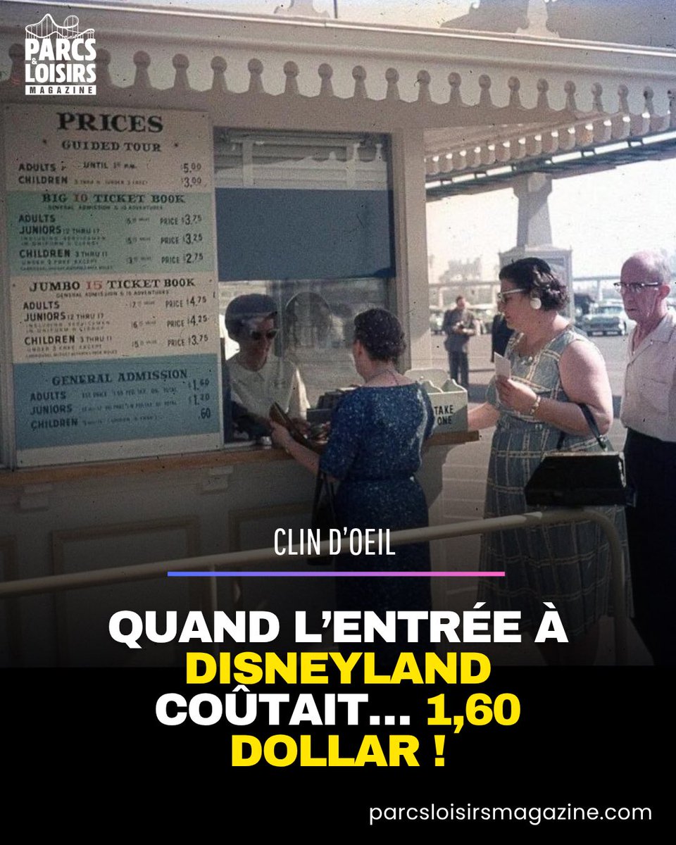ParcsLoisirsMag's tweet photo. Quand l’entrée à Disneyland coûtait… 1,60 dollar ! 🎟️🏰

Cette photo d’archive rappelle une époque où les tarifs de Disneyland semblaient presque irréels : 1,60 dollar pour l’entrée générale d’un adulte, 1,20 dollar pour les adolescents et seulement 60 cents pour les enfants.

À ce prix-là, l’accès aux attractions n’était toutefois pas illimité : les visiteurs devaient acheter en supplément des carnets de tickets, vendus ici jusqu’à 4,75 dollars pour les adultes. Un système bien différent des billets tout compris proposés aujourd’hui.

Une chose est sûre : devant cette grille tarifaire, les visiteurs de 2026 risquent d’avoir un petit pincement au cœur… 😅

#Disneyland #DisneyParks #ArchivesDisney 

Crédit photo : historyland