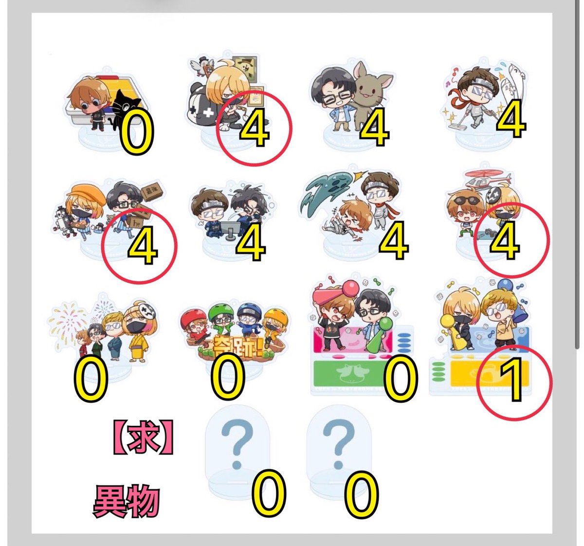 mc_mcrn's tweet photo. 【交換・譲渡】TOP4 アクキー
アクリルスタンドキーホルダー

求：異物混入or定価＋送料

譲：画像参照
赤◯：同数無印をお迎えください
無印：単品譲渡可能

郵送取引希望

交換は複数：1もOK

関連異種グッズも多数所持しております。
何かご希望のお品物があれば
検索からも気軽にお声掛けください https://t.co/Hvd14XpcZr