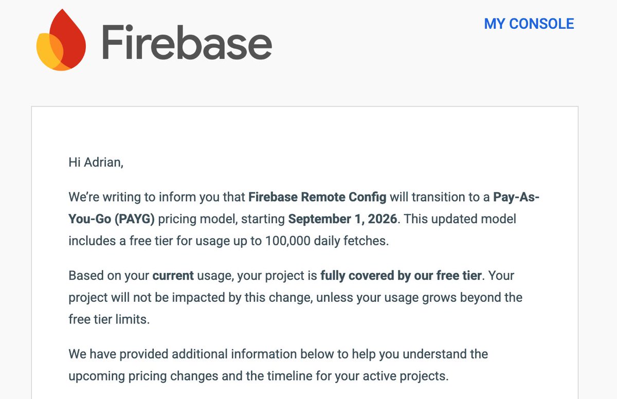 adekk's tweet photo. Firebase is changing it's pricing model. This is interesting. Remote Config is probably the most popular way for creating A/B test scenarios. 

Still - we get daily 100k fetches for free - but if you have higher traffic - you'll be paying now. https://t.co/RydJNdDjdi