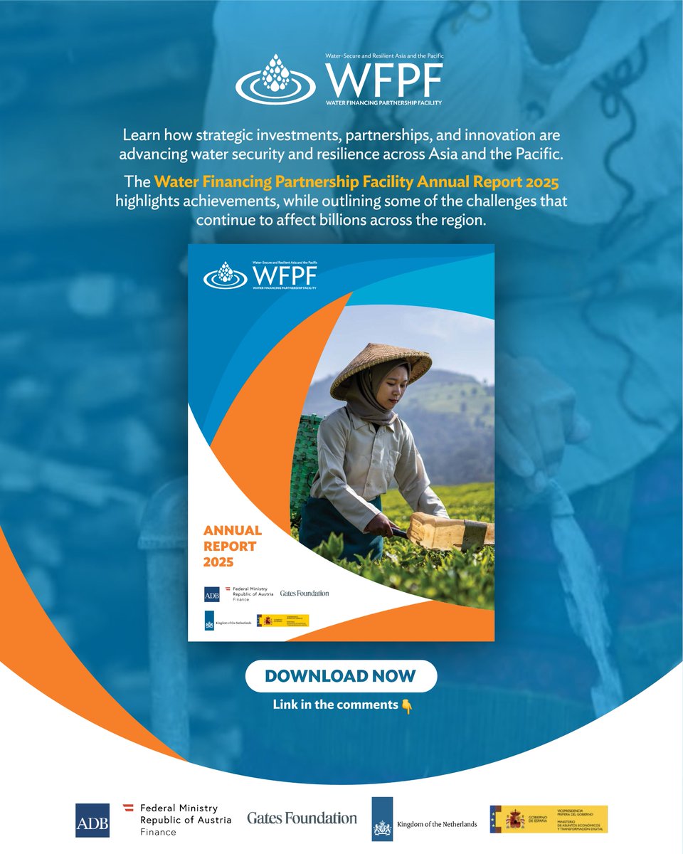 ADBWater's tweet photo. 💧 In 2025, the Water Financing Partnership Facility helped deliver 7 projects worth more than $620 million across 4 countries, accounting for 22% of ADB's total water investments for the year.
 
Discover the innovations, &amp; impact in the WFPF Annual Report https://t.co/dp60h7a9n4 https://t.co/43nhjr6kmb