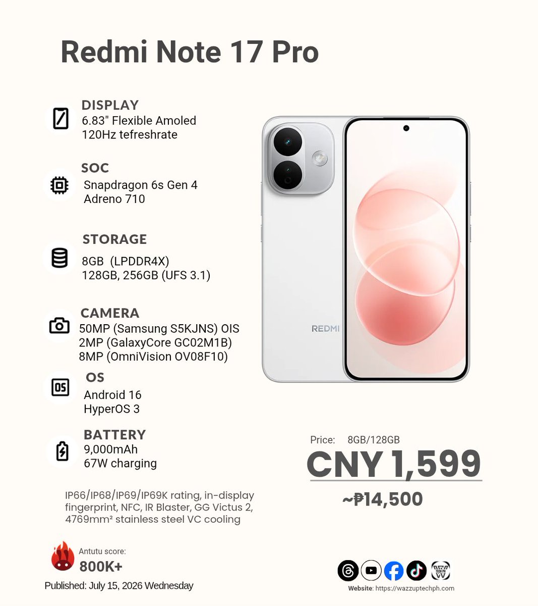 wazzuptechph's tweet photo. Redmi Note 17 launched in China; Price starts at CNY 1,599 (~P14,500).
Key Specs:
• 6,83" Flexible OLED
• Snapdragon 6s Gen 4
• 50MP main camera
• 9,000mah battery
• HyperOS 3
#Wazzuptechph #RedmiNote17Pro https://t.co/gqEXcQc13S