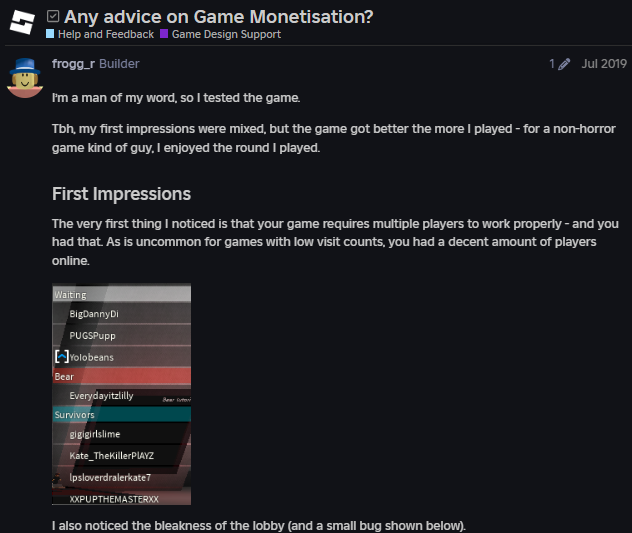 didskengupdate's tweet photo. Did any BEARSTAR game update yesterday, July 14th?
Answer: nope

DAILY BEAR FUN FACT #144: The "Obby For Quidz!" in BEAR (Alpha) was most likely added after feedback on the game from a former Roblox user called "frogg_r" in the Roblox DevForum https://t.co/BfNovo6qJ9