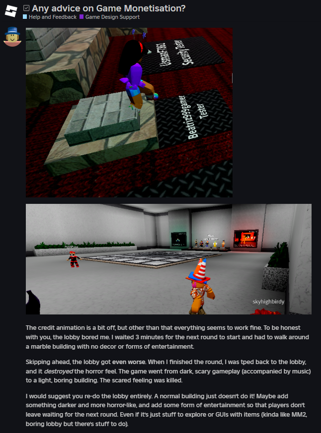 didskengupdate's tweet photo. Did any BEARSTAR game update yesterday, July 14th?
Answer: nope

DAILY BEAR FUN FACT #144: The "Obby For Quidz!" in BEAR (Alpha) was most likely added after feedback on the game from a former Roblox user called "frogg_r" in the Roblox DevForum https://t.co/BfNovo6qJ9