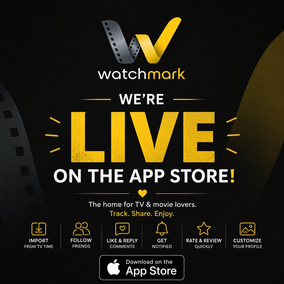 WatchMarkapp's tweet photo. 🎉 WatchMark is officially LIVE on the App Store! 

🍎 Download now: https://t.co/4hsdXut2lx

✨ Features you'll love:

📥 Import your TV Time history & comments within seconds
👥 Follow friends, like & reply to comments
🔔 Get notified about new episodes & movie releases
⭐ Quick Rating & Quick Reviews
🖼️ Customize posters & profile covers
😂 GIFs in comments
📱 Home Screen Widgets
🌍 Available in 18 languages
❤️ A huge thank you to everyone who joined our TestFlight beta. Your feedback helped shape WatchMark into what it is today.
📱 Requires iOS 17 or later.

🔁 If you're excited to see a new home for TV & movie lovers, please like, reply, and MAX RT this post. Every share helps us reach more people. ❤️🚀