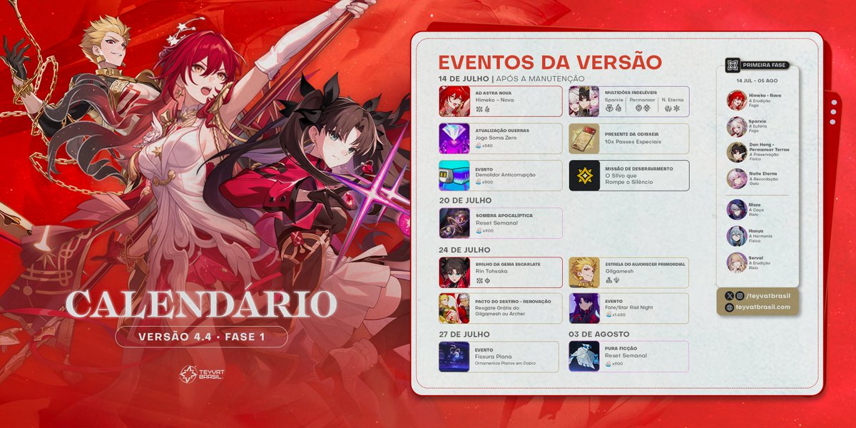 TeyvatBrasil's tweet photo. ✦ Calendário [ Fase 1 ] — Ver. 4.4

➧ [ HOT DEBUT ] #HimekoNova
➧ [ RERUN ] #Sparxie | #DanHengPT | #NoiteEterna 
➧ [ BACKUP ] #Moze | #Hanya | #Serval
➧ [ COLLAB ] #Gilgamesh | #RinTohsaka

#TeyvatBrasil #HonkaiStarRail #hsrcreators #hsrguide https://t.co/8zM7w8JP7a