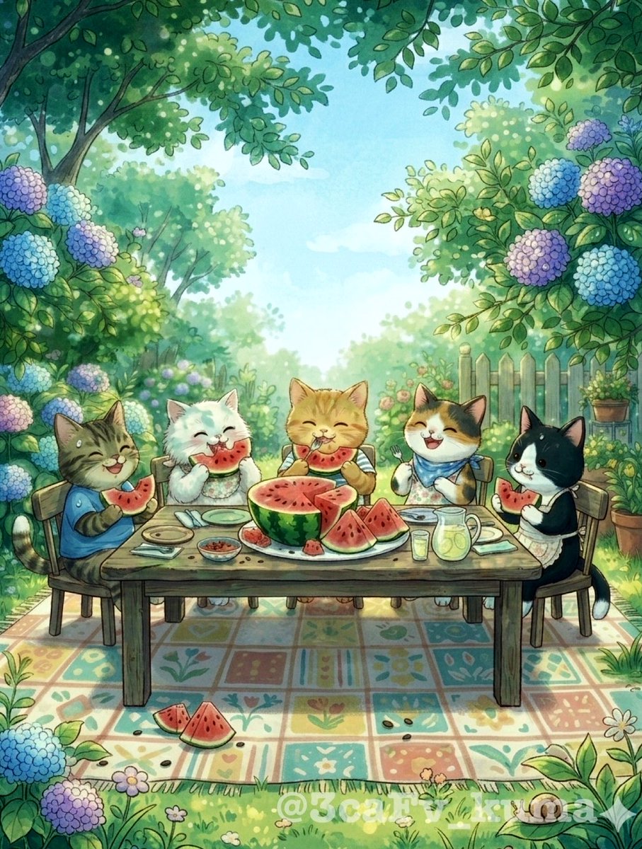 3caFv_kuma's tweet photo. 今日の長野県の気温は38℃🥵
冷たいスイカ最高にゃん🌲💠
🍉(*´༥`*)ŧ‹”ŧ‹”ŧ‹”
 #山の暮らし #日常 #生成AI画像 https://t.co/8RMeoaG0lw