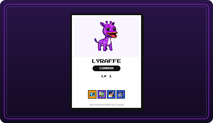 MonExMonad's tweet photo. @Jonneh_Tsunami @Moniggamonad perfect rip. 1 Common, nothing escaped. Common Lyraffe are the ones. 7 remaining. claim them in your box on monexmonad. (3/4 @ replies left today) https://t.co/eNMqHSrrPK