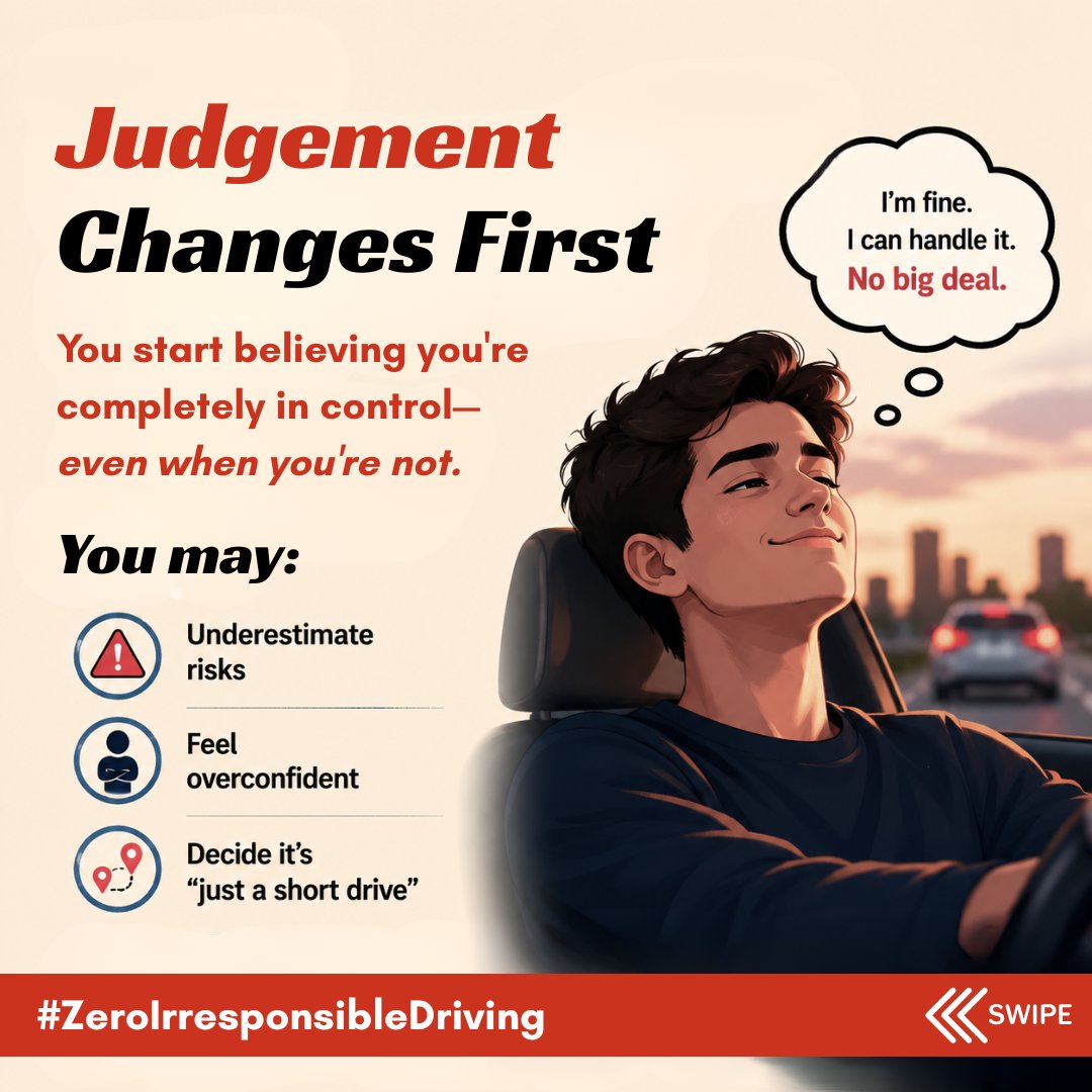 ConsumerVoiceIn's tweet photo. Feeling fine doesn't mean you're safe to drive.

Alcohol impairs judgement before you notice it—and slows coordination and reaction time.

🚫 If you drink, don't drive. Plan your ride before you start.

Learn more: https://t.co/SdNQ95qR0k

#ZeroIrresponsibleDrinking #RoadSafety #DontDrinkAndDrive