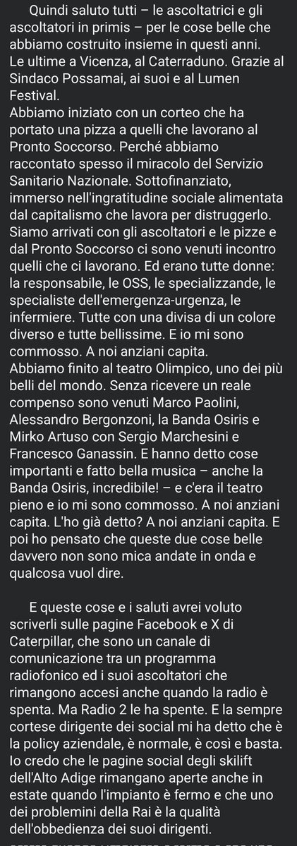 sebapucc's tweet photo. La sacrosanta amarezza di Massimo Cirri per una gestione che sembra non permettergli più di proseguire con #Caterpillar
 
Una trasmissione che è stata, come scrive in questo messaggio tristemente perfetto, gioiosa cittadinanza radiofonica.

Che ingiustizia, che dolore. https://t.co/CZM9PJnXvt