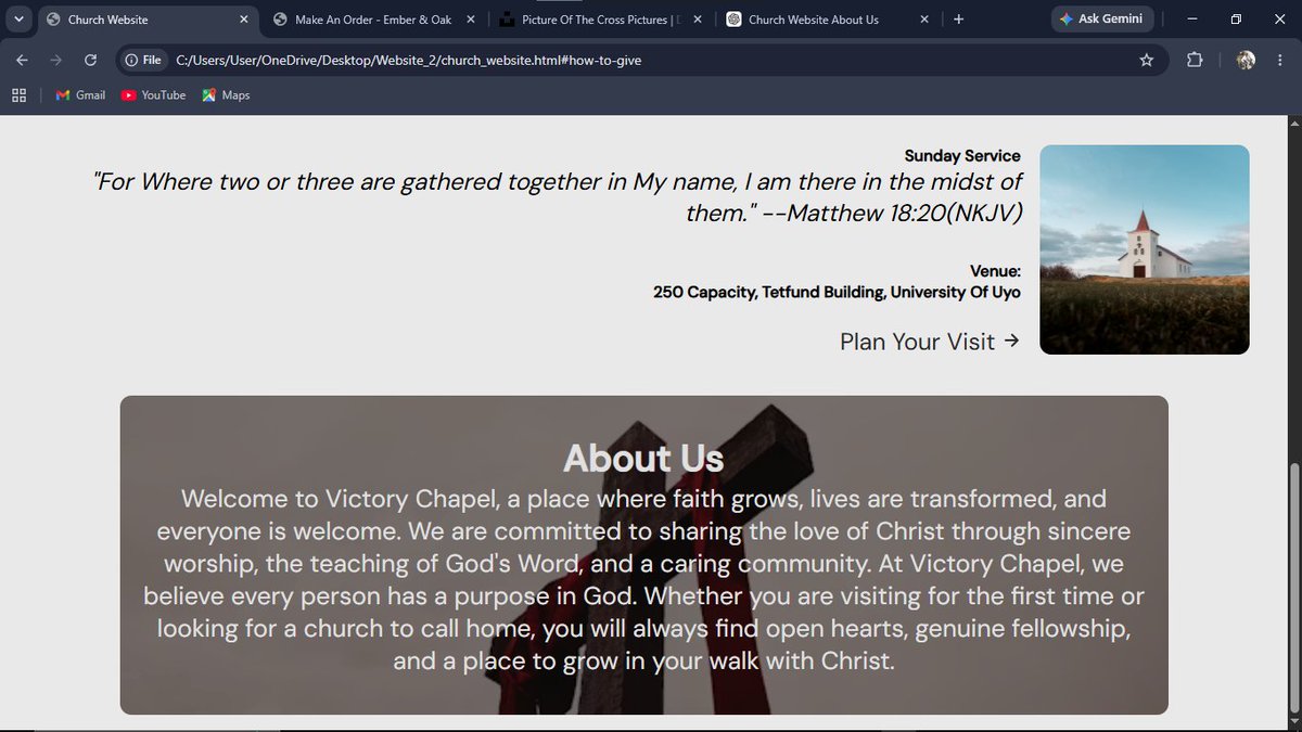 AkpeEzekiel's tweet photo. I recently designed and developed a demo website inspired by "Victory Chapel" as a personal frontend project.
This wasn't commissioned by the church.
I'd really appreciate your honest feedback, and what would you improve?
#FrontendDevelopment #WebDesign #PersonalProject #WebDev https://t.co/zPmEvLY6Fx