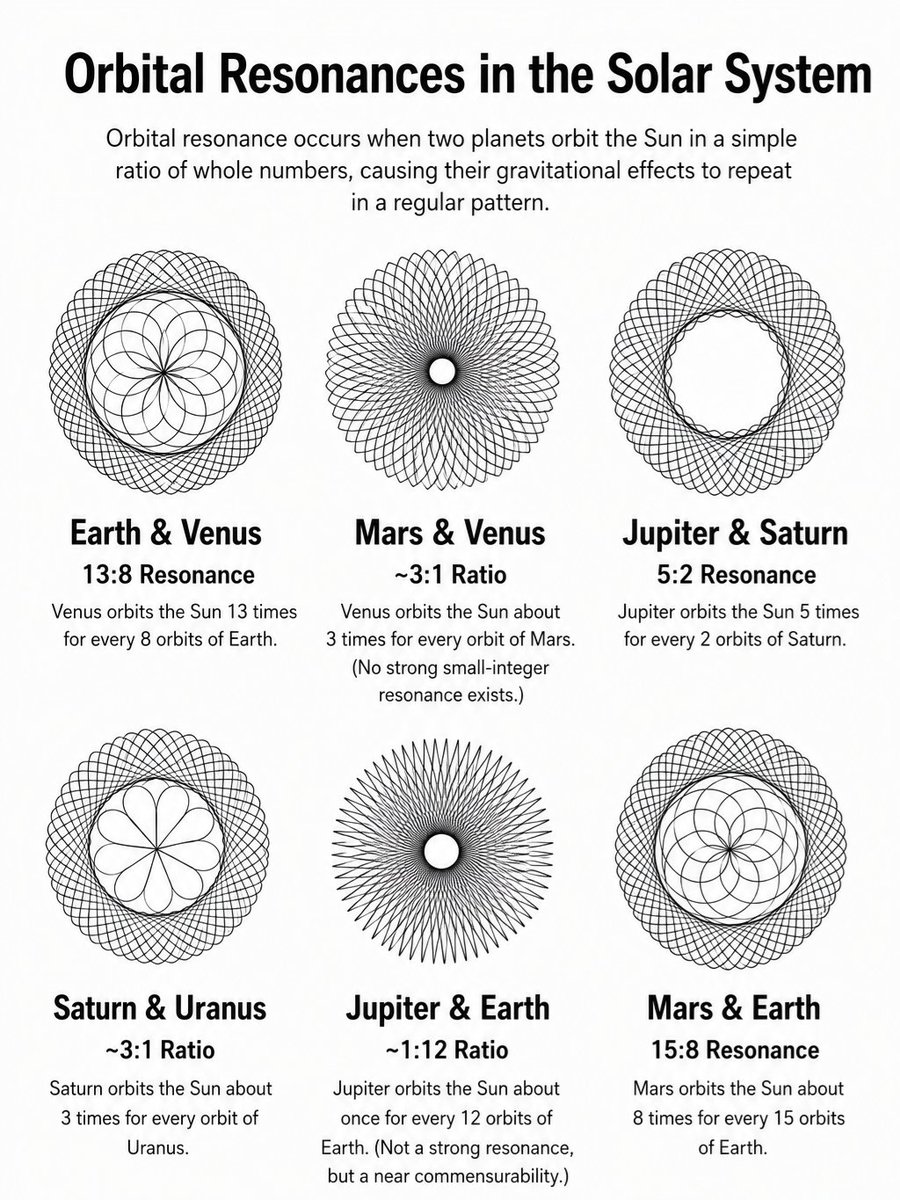 cosmosarcive's tweet photo. The Solar System isn't just a collection of planets. It's a system of repeating rhythms shaped by gravity.

This graphic visualizes the geometric patterns created when pairs of planets complete their orbits in simple or nearly simple ratios. As their positions repeat over time, they trace beautiful spirograph like paths that reveal the hidden harmony of planetary motion.

Some pairs, such as Earth and Venus, Jupiter and Saturn, and Mars and Earth, come remarkably close to repeating orbital cycles. These near resonances play an important role in understanding long term orbital stability and the gravitational interactions that shape our Solar System over millions of years.