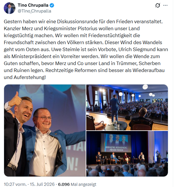 ben_brechtken's tweet photo. 1. Wer sich mit Uwe Steimle gemein macht, kann ja vielleicht im Osten erfolgreich sein, im Westen aber niemals. Ohne den Westen wird die AfD nicht Deutschland verändern.

2. Jedes vernünftige Land muss kriegstüchtig sein, das ist die Grundlage von Diplomatie und Frieden.

3. Die Angsterzählung eines Deutschlands in "Trümmer(n), Scherben und Ruinen", aus dem man bald wieder auferstehen müsse, ist unfassbar geschichtsvergessen. Wer ernsthaft behauptet, Deutschland drohe ein zweites 1945, ist auf einem Niveau mit Leuten, die glauben, dass 2030 die Welt wegen des Klimawandels untergeht. Angstpolitik ohne Sinn und Verstand.

4. Eine Partei der russlandnahen Ostalgie kann sich nicht als Partei der bürgerlichen Vernunft und der Freiheit verkaufen. Wirklich nicht.

5. Das ständige Gejammer über die (wirklich unangemessene) Rhetorik der anderen Parteien einem selbst gegenüber passt nicht zusammen mit derartigen, nicht zum ersten Mal geäußerten Vorwürfen, die Regierenden würden Deutschland möglicherweise so zerstören wie es zuletzt die Nationalsozialisten vollbrachten.