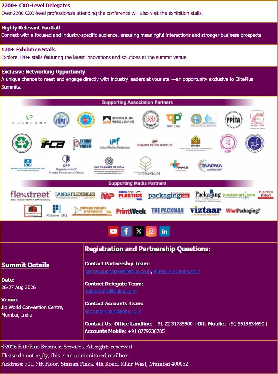 PolymerMIS's tweet photo. Put your Booth for the Global Industry Leaders Speaking and attending @ World's Largest Films and Flexible Packaging Summit & Exhibition | 26 – 27 Aug, 2026 | Jio, Mumbai, India.
#eliteplus #conventioncentre #conference #exhibition #GlobalSummit2026 #mumbai
@eliteplusindia https://t.co/xEtDh9D2Iz