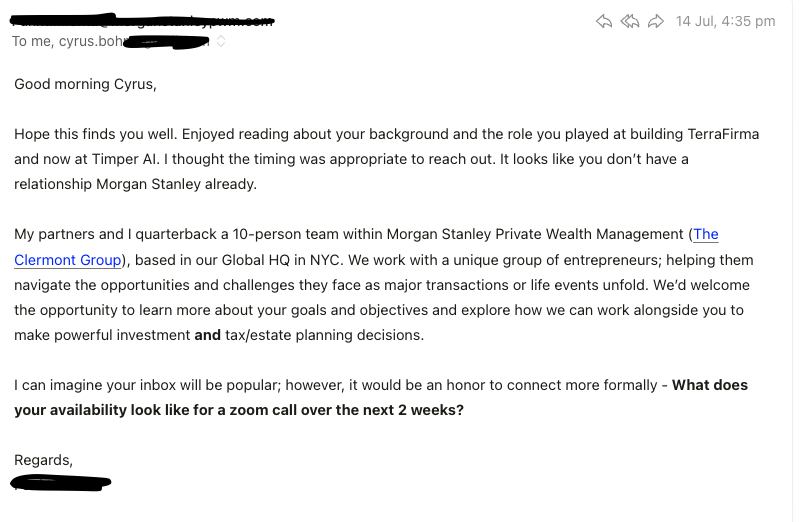cyrusbohn's tweet photo. got this email 30 mins after Terrafirma announced their fundraise. these people are ruthless. https://t.co/ZmDvEo7Vb1