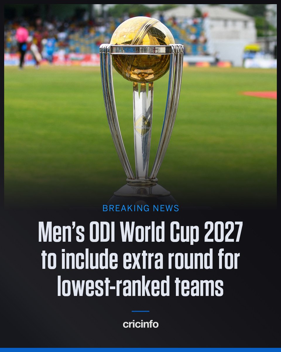 cricinfo's tweet photo. BREAKING: The ICC has announced major changes to the format of next year's men's ODI World Cup. 

It will remain a 14-team event, but the three lowest-ranked teams will now play a 'super series' round for one spot in the main group stage, with two teams eliminated.

12 teams will compete in the second round, comprised of two groups of six. The top three sides from each group, plus the next highest placed team across both groups, will qualify for the Super 7 round. 

The top four teams from the Super 7 will qualify for the semi-finals.