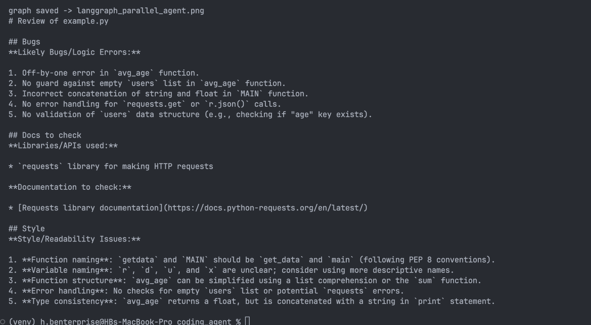 Umer_Memon16's tweet photo. Built a parallel coding agent in LangGraph 
1 file → 3 agents run at the same time:
🐛 find bugs
📚 research docs
🎨 check style
→ master merges into one review
fan-out → run in parallel → fan-in. ~3x faster than sequential.

🔗 https://t.co/rAiedGPVVz

#BuildInPublic https://t.co/EUlIW1Hqa9