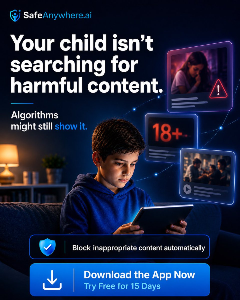 SafeAnywhereai's tweet photo. The biggest online risk isn't always what kids search for. It's what gets recommended.
Protect their digital world with https://t.co/JzBLroGMXj

🛡️ Safer browsing 🚫 Harmful content blocking ⏱️ Screen time controls

Try the App Free for 15 days.

#kidssafety #modernparenting https://t.co/JX5nl8Eqx5