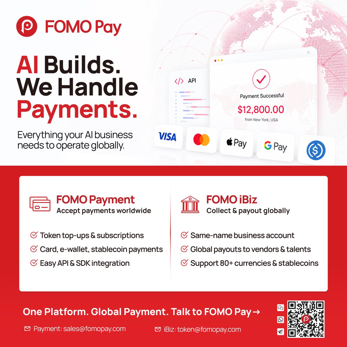 FOMOPayOfficial's tweet photo. The AI economy is global from day one. Your payment infrastructure should be too.

Whether you're monetizing AI subscriptions, token top-ups, or serving customers worldwide, FOMO Payment, our one-stop payment gateway, helps you accept payments via cards, e-wallets, QR payments, and stablecoins. With developer-friendly APIs & SDKs, you can integrate quickly and scale at AI speed.

FOMO iBiz, our multi-currency business account, lets you collect funds in your company's own name, make global payouts to vendors and talent, and transact in 80+ fiat and stablecoin currencies.

Licensed in Singapore, Hong Kong, and the Middle East, FOMO Pay powers secure, compliant global payments for businesses worldwide.

AI builds. We handle the payments.

Connect to #FOMO, Connect to ALL

#AI #FinTech #Payments #GlobalBusiness #Stablecoins