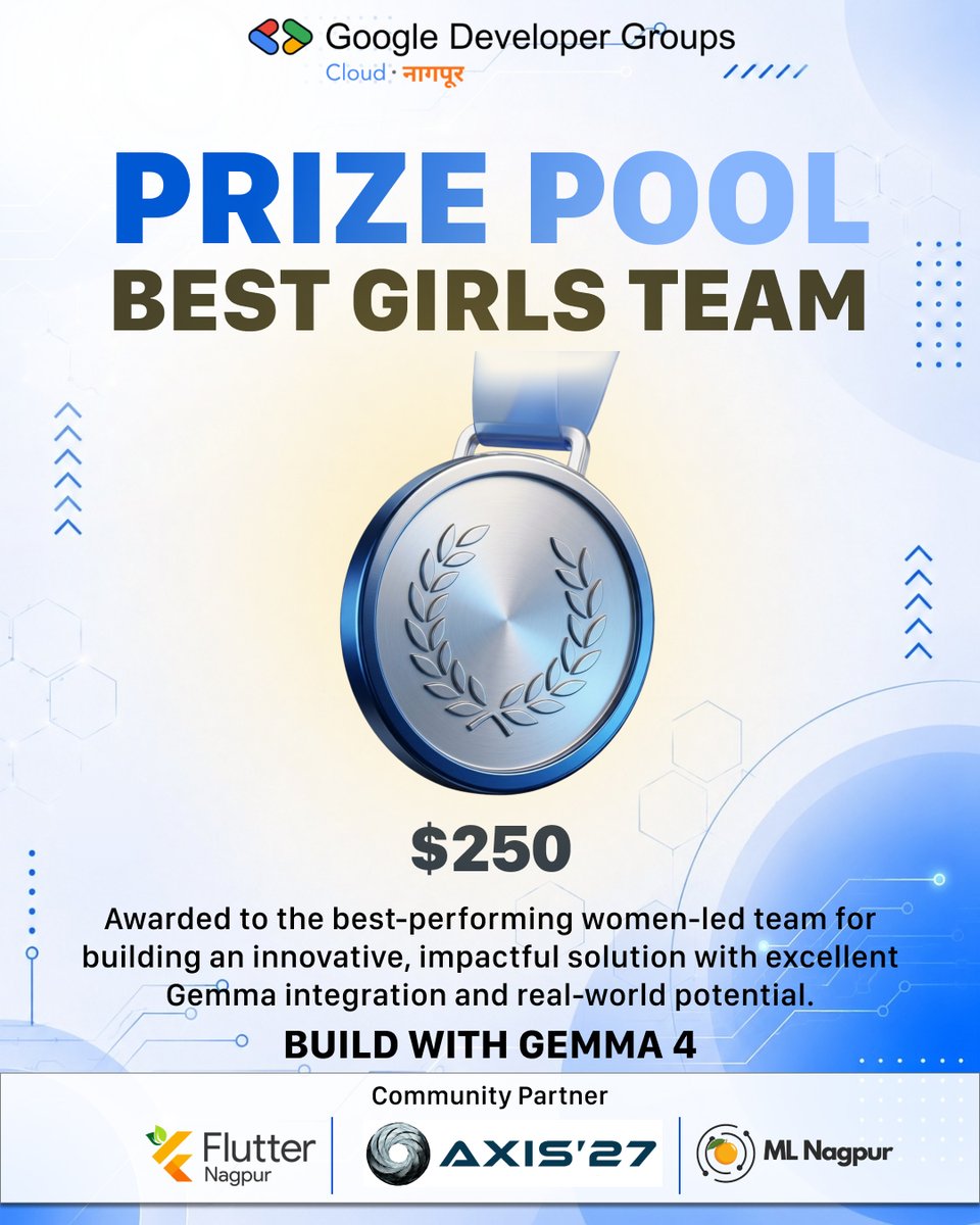 gdgcloudngp's tweet photo. Calling all women innovators!

🏆 Best Girls Team Award
💰 $250 Prize

Build an impactful solution with Gemma 4 and compete for this special award recognizing the best-performing women-led team

🔗Learn more:
[https://t.co/alBJUkLUdU]

#BuildWithGemma #Gemma4 #GDGCloudNagpur https://t.co/BhQKNM0LrN