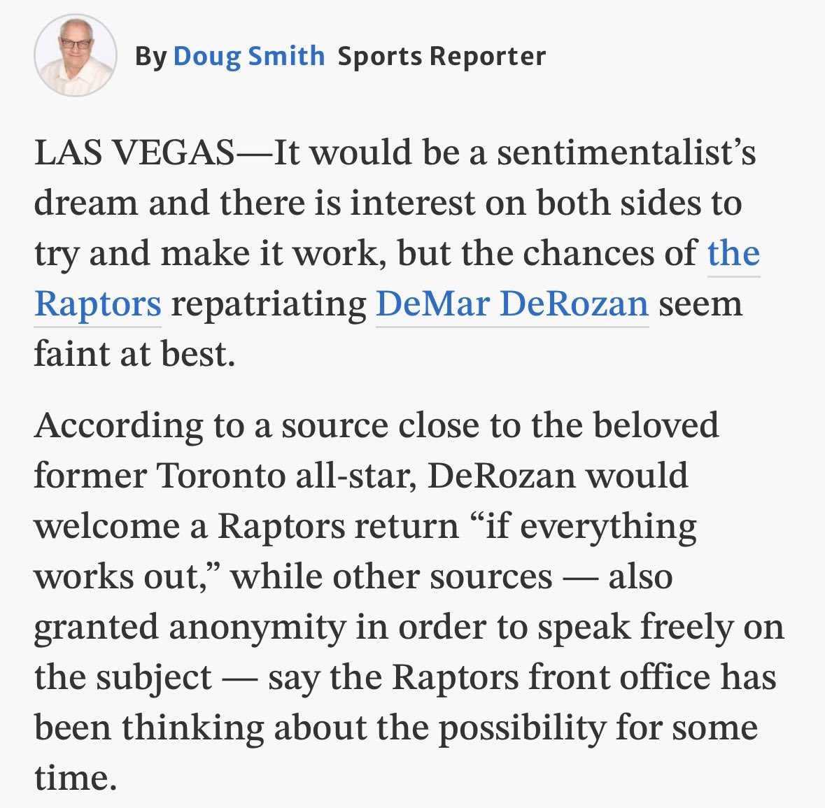 RyanDickison7's tweet photo. DeMar DeRozan is open to a Raptors return

-The Raptors and DeRozan have spoken (directly and through back channels)
-There is interest on both sides to try and make it work
-DeRozan would welcome a Raptors return “if everything works out”
-Raptors front office has been thinking about the possibility for some time
-Another source who has spoken to DeRozan doesn’t think money would be a deal breaker

Via @SmithRaps / @TorontoStar