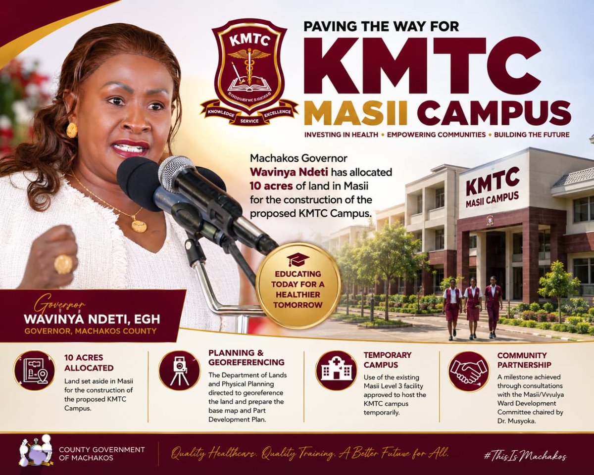 Wavinya_Ndeti's tweet photo. The county government of Machakos has allocated 10 acres of land for the proposed Kenya Medical Training College (KMTC) Masii Campus and approved the temporary use of the existing Masii Level 3 facility as the development of the new campus progresses.

This transformative investment will strengthen medical training in our county while creating more opportunities for our young people to pursue careers in healthcare closer to home.

The proposed campus will be supported by the newly completed Masii Level 4 Hospital and other surrounding private health facilities, providing learners with practical clinical training opportunities.