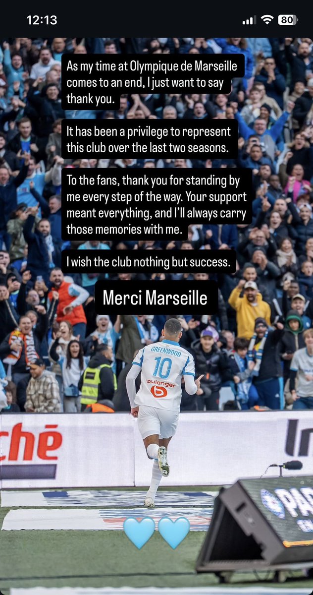 Be_OM13's tweet photo. Mason Greenwood 🏴󠁧󠁢󠁥󠁮󠁧󠁿 sur Instagram :

« Alors que mon aventure à l'Olympique de Marseille touche à sa fin, je tiens à vous remercier.

Ce fut un privilège de représenter ce club ces deux dernières saisons.

Aux supporters, merci de m'avoir soutenu à chaque étape. Votre soutien a été essentiel et je garderai toujours ces souvenirs en mémoire.

Je souhaite au club le meilleur pour l'avenir.

Merci Marseille »