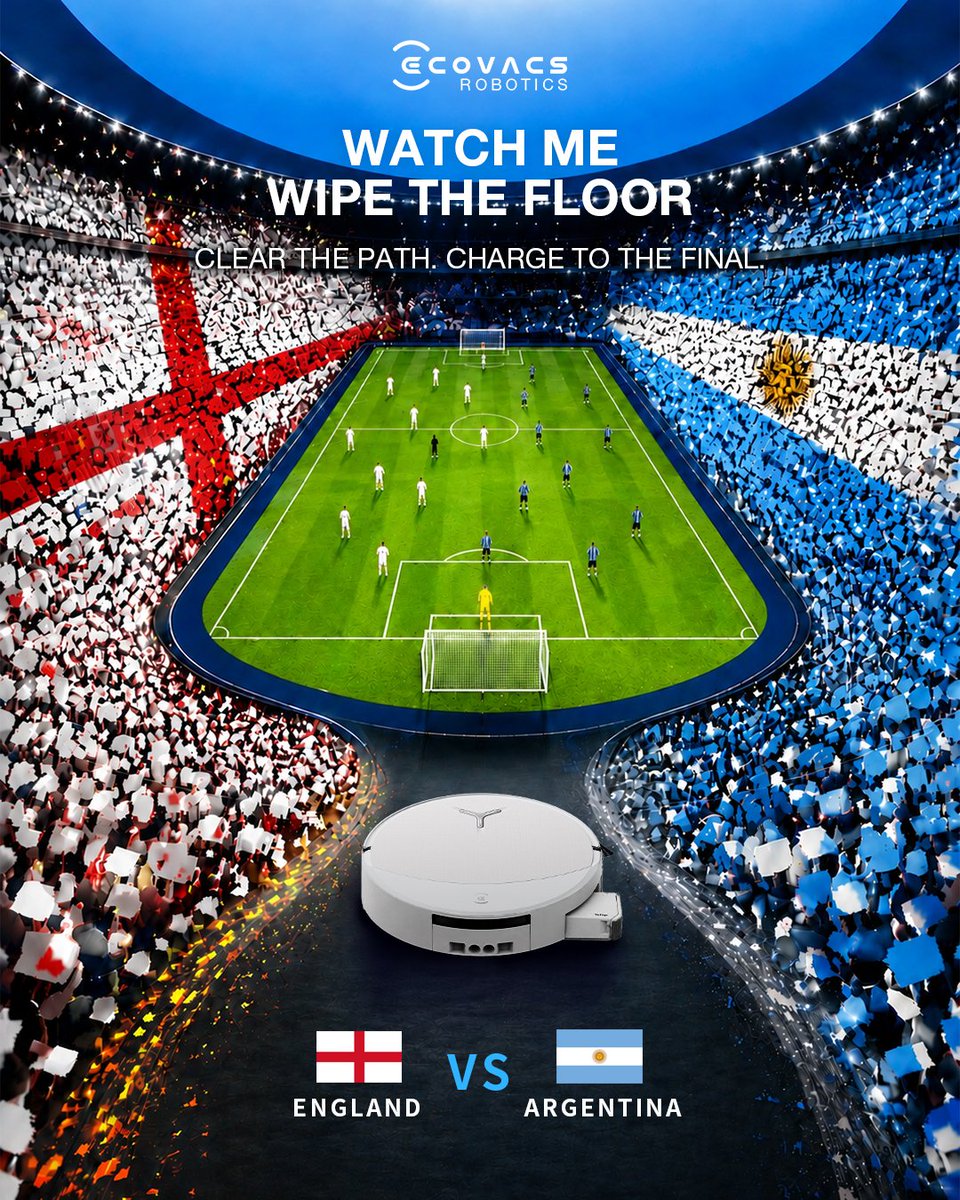 ecovacsrobotics's tweet photo. The football founders face the world champions.
DEEBOT clears the ground perfectly for kickoff.
The match is ready.
Who advances to the final? England or Argentina?
Drop your choice in the comments! 
WATCH ME WIPE THE FLOOR! https://t.co/Fkr3EE7iR4