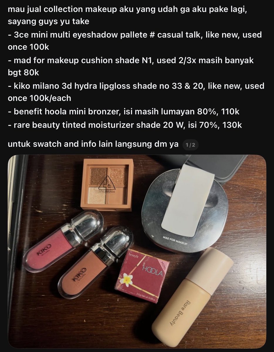 mejikubii's tweet photo. wts preloved makeup 3ce, mad for makeup, kiko milano, benefit, rare beauty https://t.co/YgzFZIjq5u