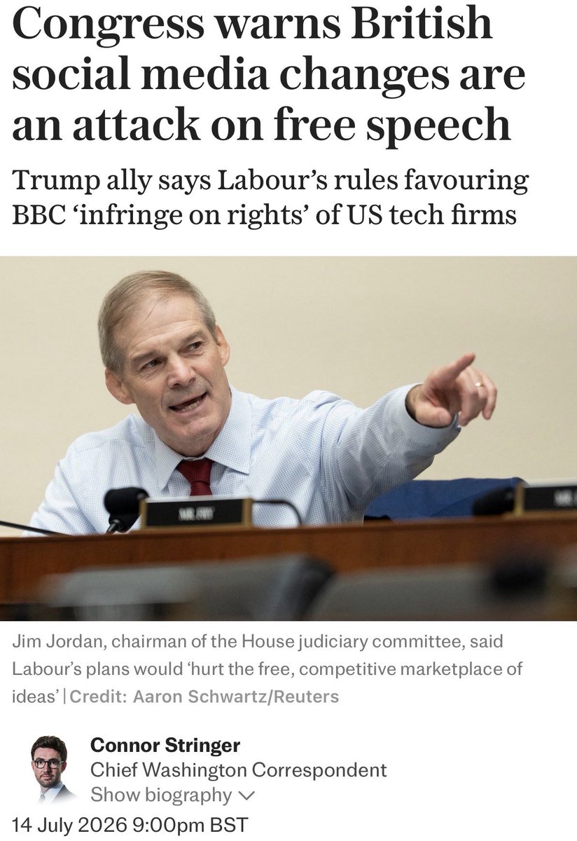 SpeechUnion's tweet photo. The UK Government’s proposed social media reforms are an attack on free speech, warns senior Congressman and Trump ally Jim Jordan.

The Chair of the US House Judiciary Committee has written to Lisa Nandy warning that her department’s plans to prioritise the BBC and other government-approved news sources threaten free speech.

Under proposals set out in the Watch this Space green paper, published in June, the Government is considering requiring platforms such as Meta, Google and YouTube to give greater prominence to content from public service broadcasters, including the BBC, ITV and Channel 4.

In his letter to the Secretary of State for Culture, Media and Sport, Mr Jordan warned that the proposals “would serve as a major threat” to online speech and “infringe on the rights of American companies”. He also argued that they would undermine the free and competitive marketplace of ideas by prioritising state-sanctioned media outlets.

Mr Jordan fears the plans will harm US businesses and infringe the free speech rights of American citizens.

This is the latest flare-up in the transatlantic free speech dispute between the UK and the US.

Read more below in @Telegraph 👇