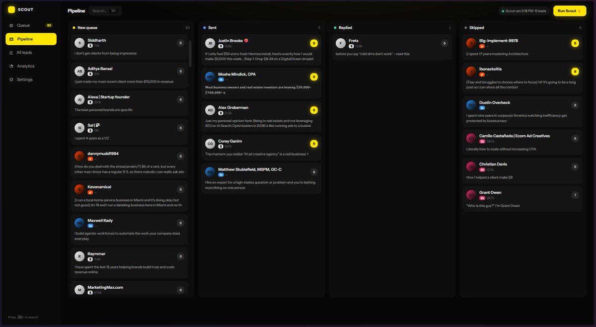 abhinavops's tweet photo. I just built myself a Lead Finder which actually works.

works on my ICP, runs at 7am daily to find me 50 leads to contact throughout the day via Instagram, LinkedIn and X.

Also writes a personalized message to send to each guy.

You can just do things. https://t.co/Cvd8xg95p0