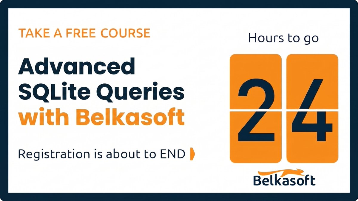 Belkasoft's tweet photo. The final 24-hour countdown is ON!⏳ 

Access to Advanced SQLite Queries with Belkasoft closes tonight. Master database forensics step-by-step, earn 6 CPEs + cert. 

Follow Belkasoft LinkedIn group &amp; use a corporate/uni email to waive the $999 fee: https://t.co/hm1k3Hi2kh https://t.co/IBHkqEUYvT