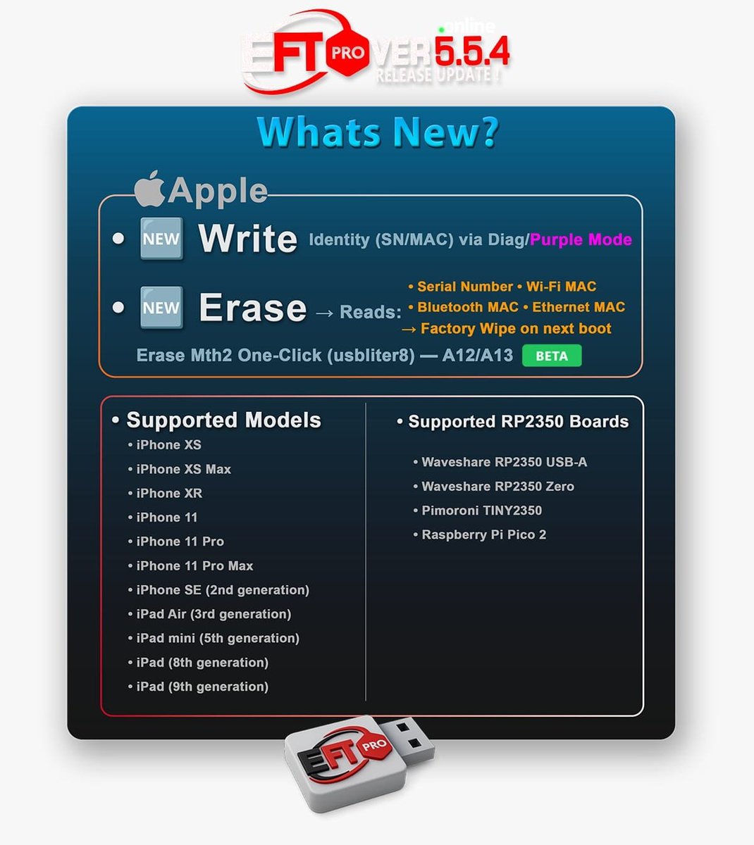 my77157's tweet photo. EFT Pro Dongle Update V5.5.4 [Apple] Write &amp; Erase Identity | A12/A13

Tool Link: https://t.co/5lnROkV6vc

[Apple - Diag / Purple Mode]

→ Identity (SN/MAC) via Diag/Purple Mode NEW

→ Factory Wipe on next boot

#EFTPro #PaidTool #FRPTool #AppleTool #A12Tool https://t.co/lSaijfWPdP