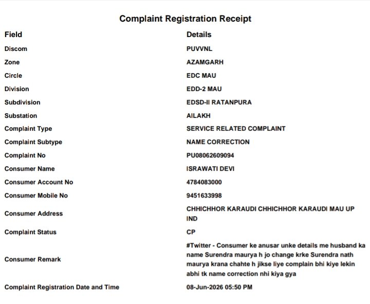 JPARYANSH's tweet photo. @UPPCLLKO @PuVVNLHQ The complaints bearing Nos. PU08062609094 and PU09072613113 have been marked as resolved only on paper, whereas the actual issue still remains unresolved. I had already submitted my Aadhaar Card at Power House, Haldharpur on 11 July 2026, but no action has been taken till date. https://t.co/79VShvRI3E