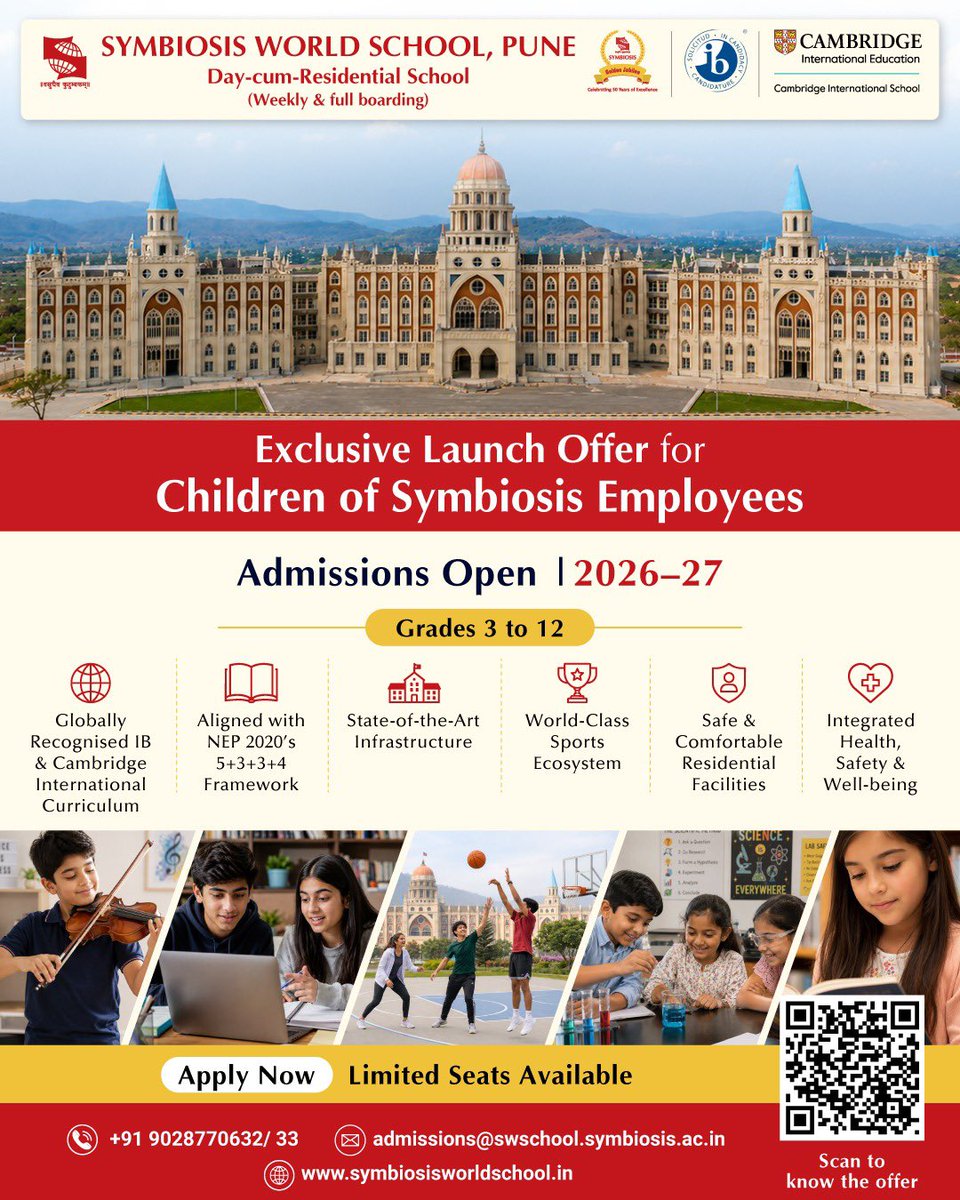 SWSPune's tweet photo. A special opportunity for the #Symbiosis family! We are pleased to announce an exclusive #launchoffer for the children of Symbiosis employees.

Limited seats available. Apply today: https://t.co/xLXISyXm5d

#Admissionsopen for grades 3-12

#Symbiosisworldschoolpune #IB #Cambridge https://t.co/wGokF7F5aL