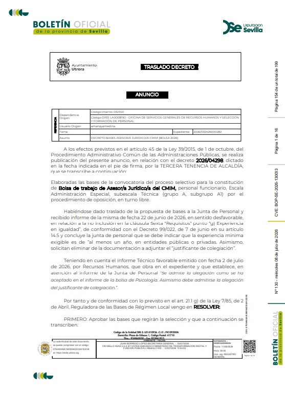 Seviempleo's tweet photo. 📍Bases de la convocatoria para la creación de una bolsa de #empleo de asesor/a jurídico para el centro municipal de la mujer en Utrera

vía BOP [nº 130-08/07/202] de @DIPUSEVI
👉 https://t.co/OJPvzi9llR

🗺️ #UtreraEmpleo #EmpleoPúblicoSE
💻🖱️ @CiudadUtrera https://t.co/yD9riZ9sdx