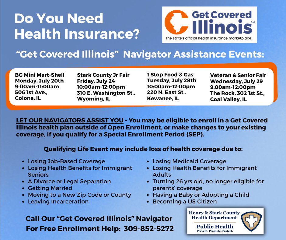 HenryStarkHD's tweet photo. The Henry &amp; Stark County Health Departments and the Get Covered Illinois Navigator Program asks, “Do You Need Health Insurance?” Our “Get Covered Illinois” Navigators can help you! Call (309) 852-5272 #GetCoveredIllinois https://t.co/PMsmE50TkE