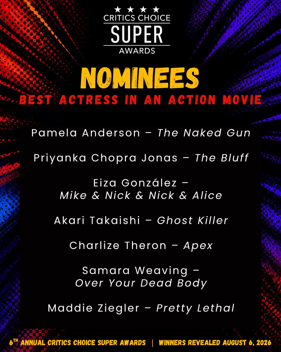 CriticsChoice's tweet photo. The nominees for Best Actress in an Action Movie for the 6th Annual Critics Choice Super Awards have been revealed!

🏆 The winners will be announced on Thursday, August 6th.

Who gets your vote? 🎬👇
 #CriticsChoice #CCSuperAwards https://t.co/OO4z7Qx7Zc