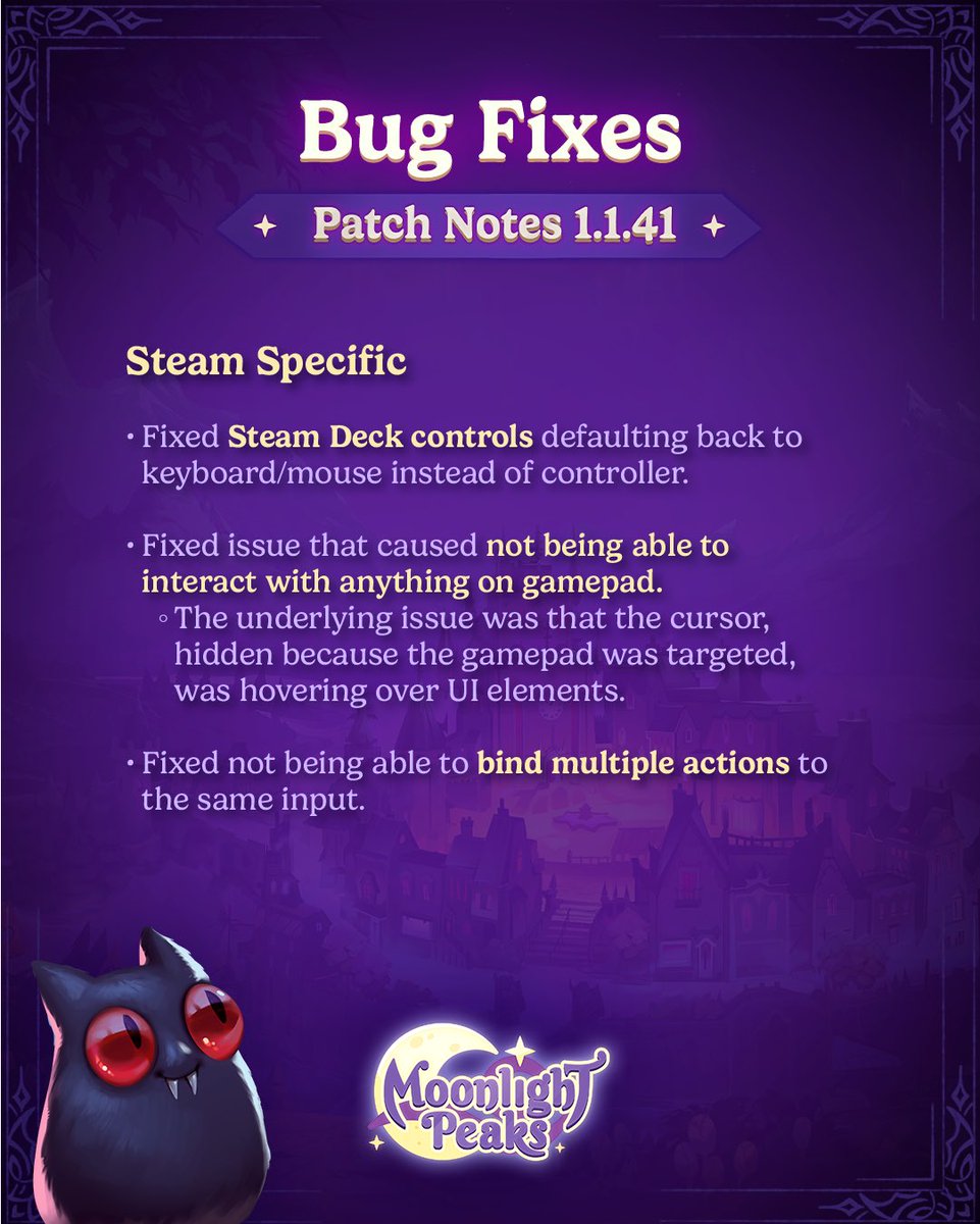 MoonlightPeaks's tweet photo. Included in today’s update are fixes surrounding stamina, storage, and some character interactions. We’re still investigating some of the other known issues. We’ll be providing more details on when those fixes come as soon as we’re able 💜 https://t.co/1ZAJE2Y3o6