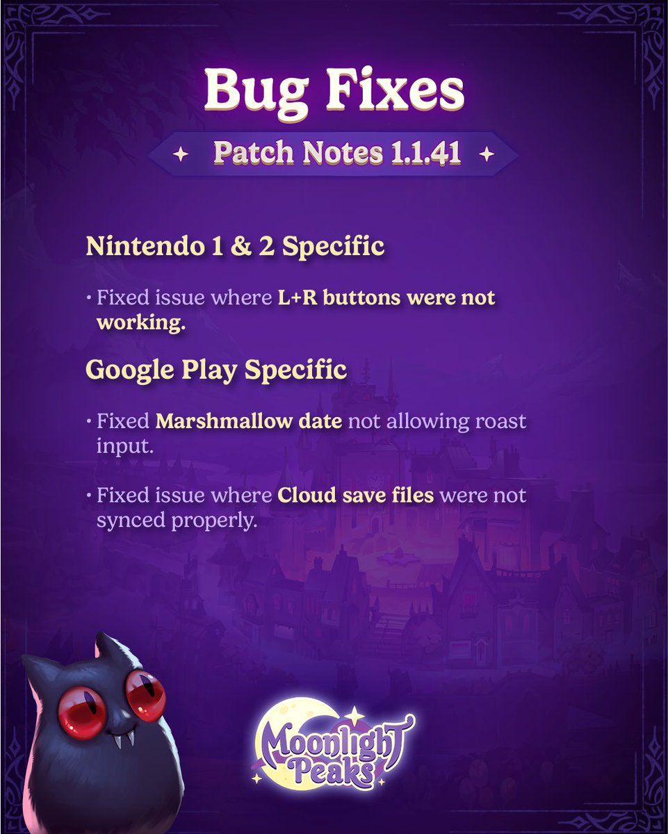 MoonlightPeaks's tweet photo. Included in today’s update are fixes surrounding stamina, storage, and some character interactions. We’re still investigating some of the other known issues. We’ll be providing more details on when those fixes come as soon as we’re able 💜 https://t.co/1ZAJE2Y3o6