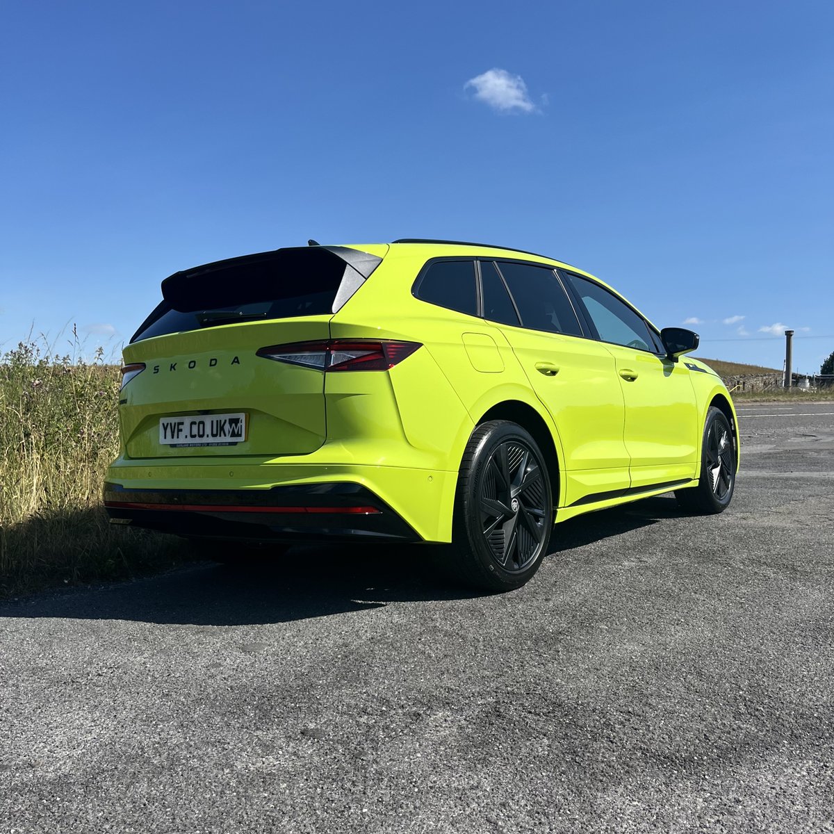 YVFinance's tweet photo. The all-new, fully electric Škoda Enyaq vRS looking incredible in the striking Hyper Green. 💚 

Performance, practicality, and cutting-edge technology all wrapped up in one stunning SUV. ⚡🔋 

We can supply any make or model of car or van, contact us for a quote today! https://t.co/FbojPowOog