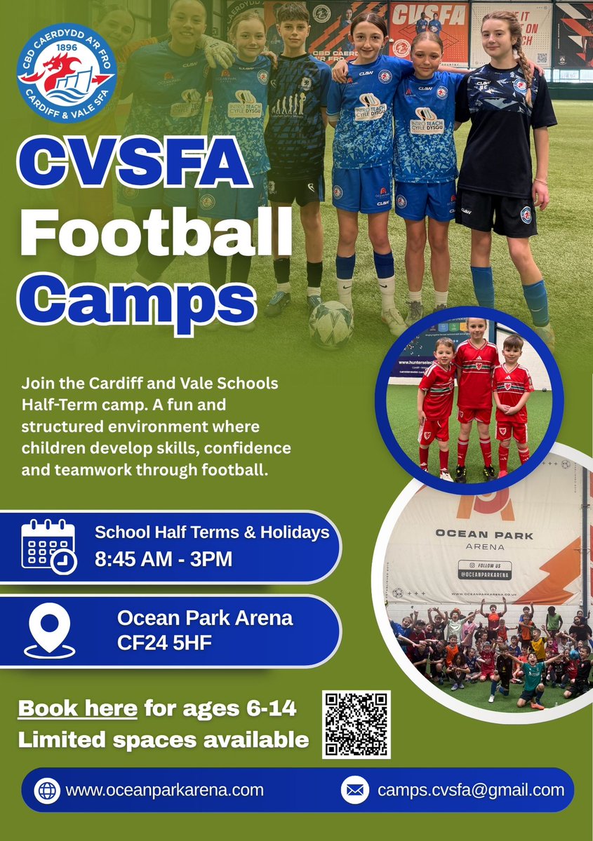 CVSFA's tweet photo. ⏳⚽ Just 5 days to go until our CVSFA Summer Holiday Camps kick off!

The perfect place for your child to develop their football skills, build confidence and enjoy the beautiful game this summer at @oceanparkarena1 

BOOK HERE: https://t.co/7srzxqrJoi

@CaerauElyFC https://t.co/J43Xq9owcF
