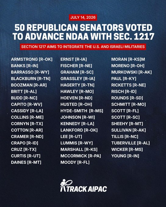 ZacksJerryRig's tweet photo. If you're happy that our military wasn't merged with Israel's - thank a democrat.  All 50 republicans voted in favor. 

Here is a list of the America Last traitors who wanted to merge our military with genocidal maniacs.  I'm very disappointed in my own two Utah senators @SenMikeLee and @SenJohnCurtis . Gross.