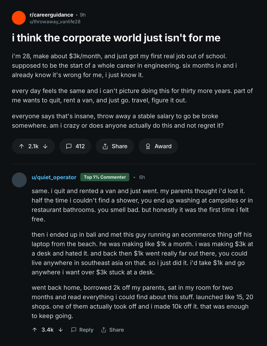 ItlessSalim's tweet photo. This Reddit post is exactly the answer I would have wanted before I left my job to travel and live on a fraction of what I earned.

Can’t say it’s the right move for everyone, but here’s why it mattered so much for me starting out: https://t.co/M6Y69pjM1Y