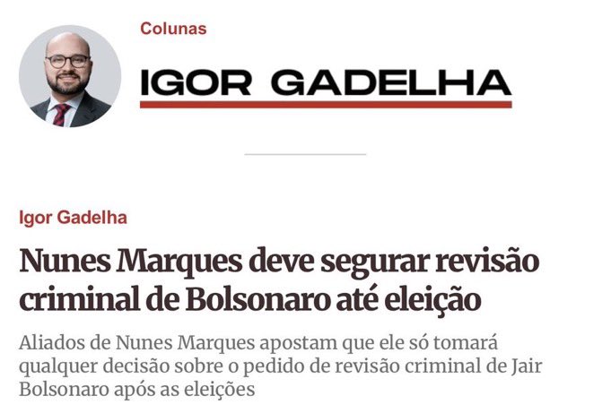 W473__kEN's tweet photo. A informação de que Kassio Nunes Marques deve segurar a revisão criminal de Bolsonaro até depois das eleições é tratada como um relato de bastidores e não como uma decisão oficial do ministro. https://t.co/5rz1cMBvh4