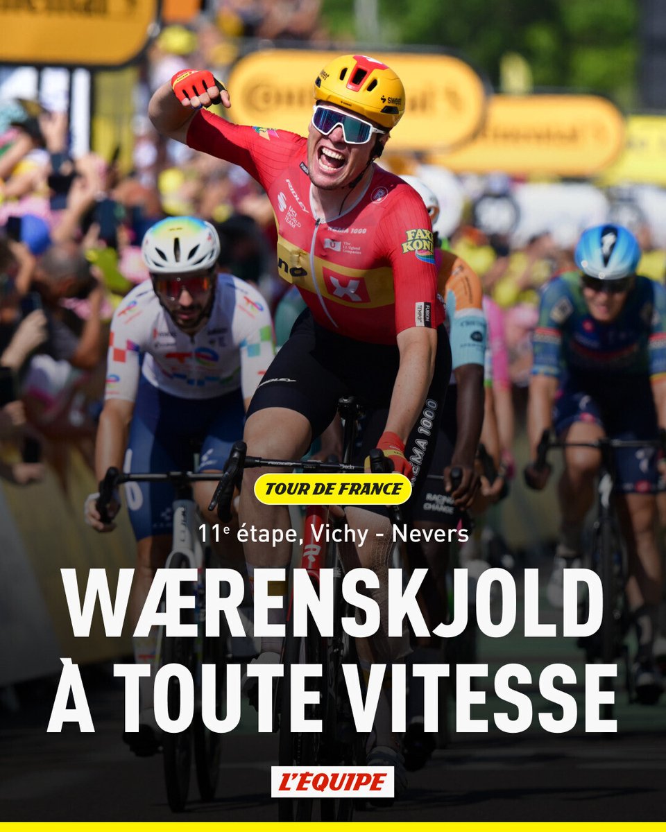 lequipe's tweet photo. Soren Waerenskjold a surpris les plus grandes pointures du sprint mondial sur la 11e étape du Tour de France, à Nevers. Le Norvégien de l'équipe Uno-X Mobility devance Olav Kooij (Decathlon-CMA CGM) et Jasper Philipsen (Alpecin-Premier Tech). https://t.co/ZtnJSREg3K https://t.co/1LtG8ZWRKY