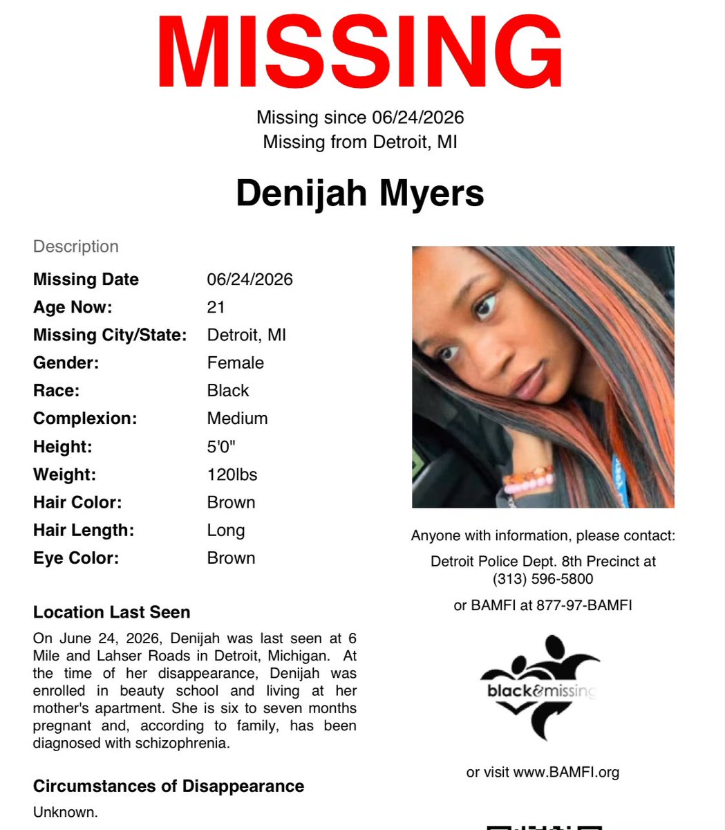 BAM_FI's tweet photo. #Detroit, #MI: 21y/o Denijah was last seen at 6 Mile and Lahser Roads on June 24, wearing red and black pajama pants, a black hoodie, and may have been carrying a black purse. She is six to seven months pregnant and, according to family, has been diagnosed with schizophrenia. https://t.co/lrME8POiid