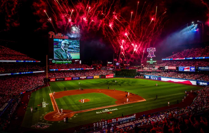 WIde shot of CBP during the fireworks show during the All-Star Game