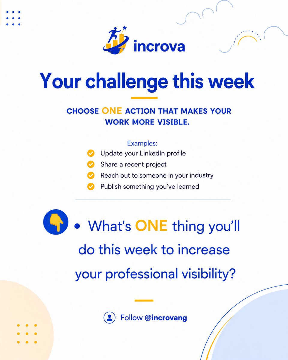 incrova's tweet photo. people don't have a skill problem.
They have a visibility problem.
If no one knows what you can do, fewer opportunities will find you.
This week, don't just work.
Be seen.
What's one step you're taking to become more visible? π
#CareerTips #PersonalBranding #Incrova https://t.co/rumhJZ02o3