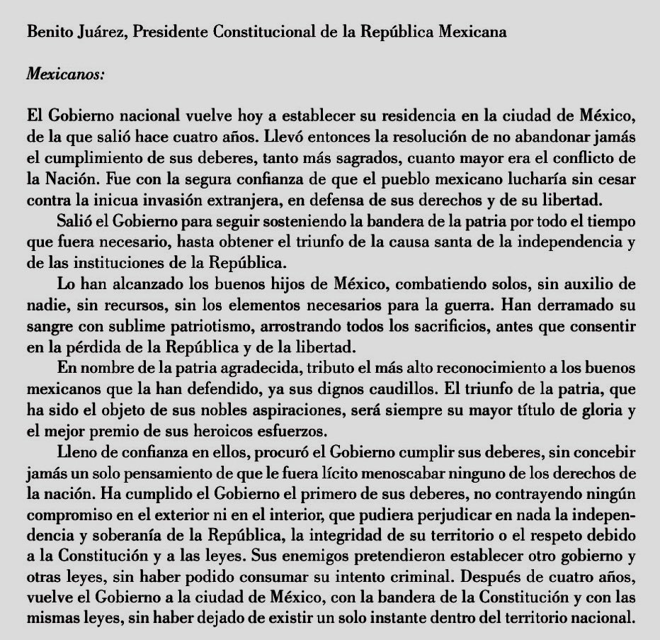 arr1910's tweet photo. 🇲🇽🇲🇽🇲🇽No dejen de leer.👇🏻
Manifiesto del presidente Juárez al  regresar a la capital de la República, 15 de julio de 1867, tras derrotar al imperio de Max. (Es de mis discursos políticos favoritos) https://t.co/6XYAsnQv4k